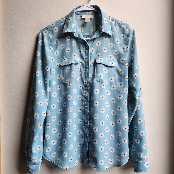 LOFT Blue Floral Button Down Shirt Size XS - Picture 7 of 14